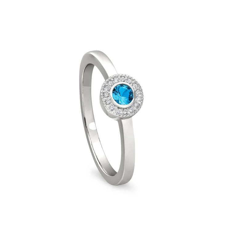 Stacked rings sets-Platinum Finish Sterling Silver Micropave Round Simulated Blue Topaz Ring with Simulated Diamonds Size 4