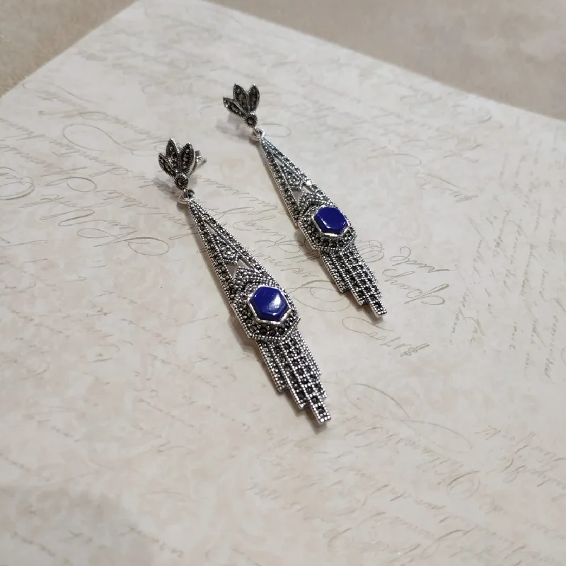 Sparkling Earrings For Special Moments-Lapis Lazuli Art Deco Articulated Earrings in Silver