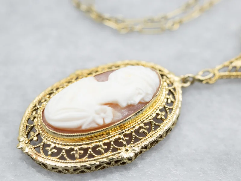 Antique silver necklaces-Mid Century Cameo Filigree Necklace