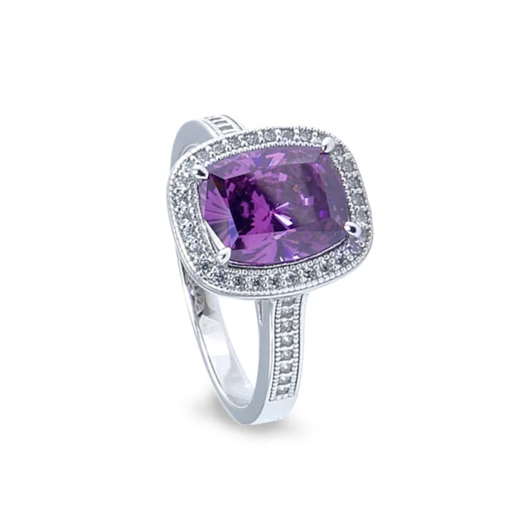 Sterling silver engagement rings-Platinum Finish Sterling Silver Micropave Ring with Simulated Amethyst and Simulated Diamonds