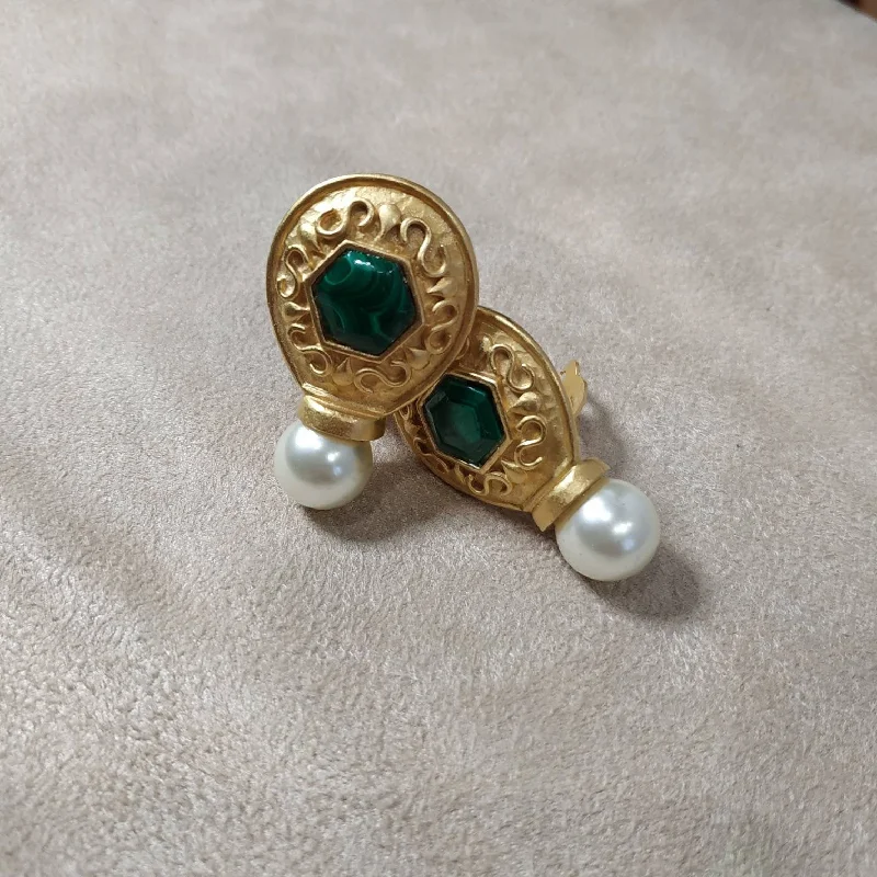 Natural Gemstone Earrings For Unique Look-Malachite Earrings by Rima Ariss Green Clip On Gold