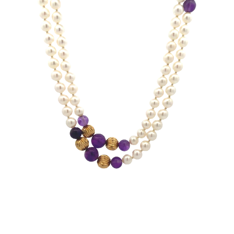 Unique necklaces for special occasions-Estate 30" Cultured Pearl and Amethyst Bead Necklace in Yellow Gold