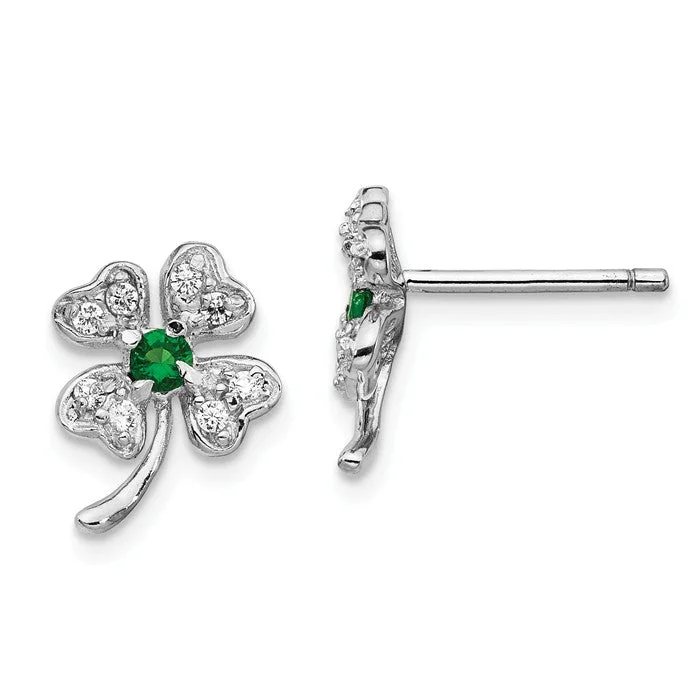 Simple Dangle Earrings For Casual Style-Cheryl M Sterling Silver Simulated Emerald & CZ 4-Leaf Clover Earrings