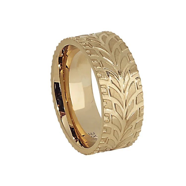 Matching wedding rings for brides and grooms-Gold IP Finish Stainless Steel Feathered Band  - Size 8