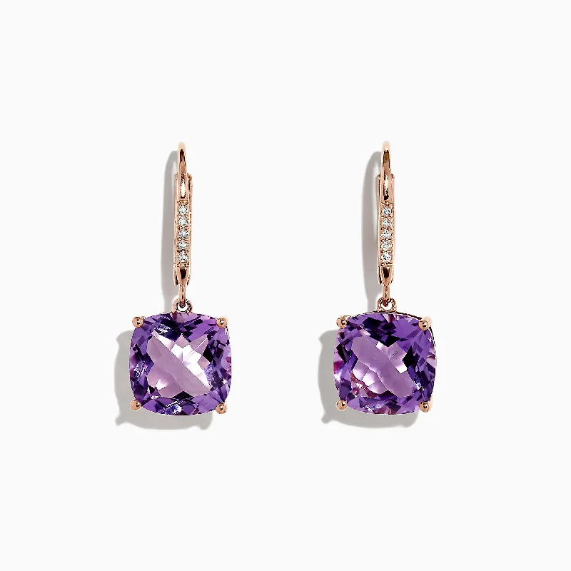 Large Drop Earrings For Parties-14K Rose Gold Amethyst and Diamond Earrings, 8.12 TCW