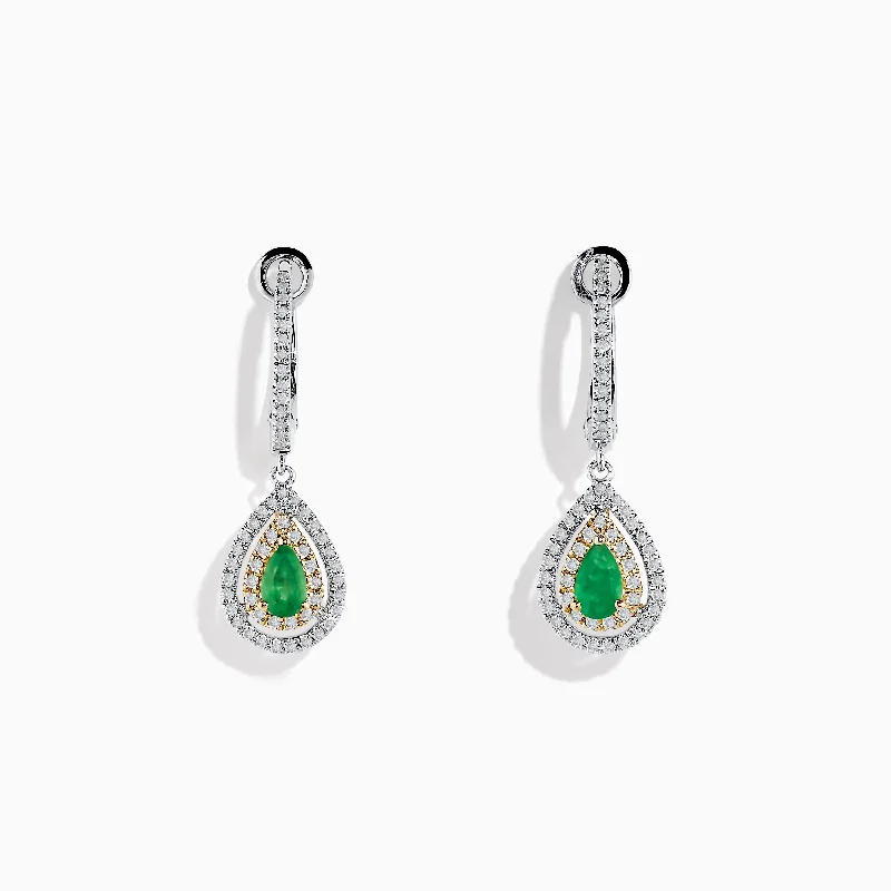 Dainty Earrings For Subtle Elegance-14K White & Yellow Gold Pear Shaped Double Diamond Halo Emerald Drop Earrings