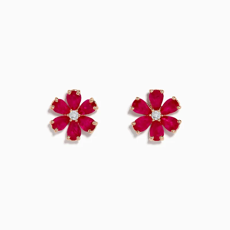 Luxury Earrings For High-End Fashion-14K Rose Gold Ruby Flower Earrings