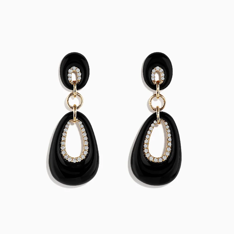 Geometric Drop Earrings For Chic Style-Eclipse 14K Yellow Gold Onyx and Diamond Drop Earrings