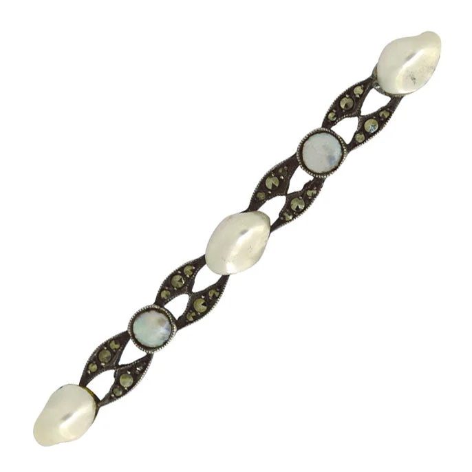 Floral Brooch-Marcasite & Mother of Pearl Bar Brooch