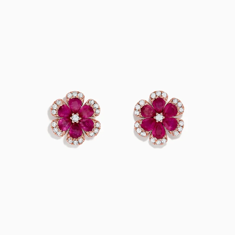 Long Drop Earrings For Party Fashion-Nature 14K Rose Gold Ruby Flower Stud Earrings, 2.28 TCW