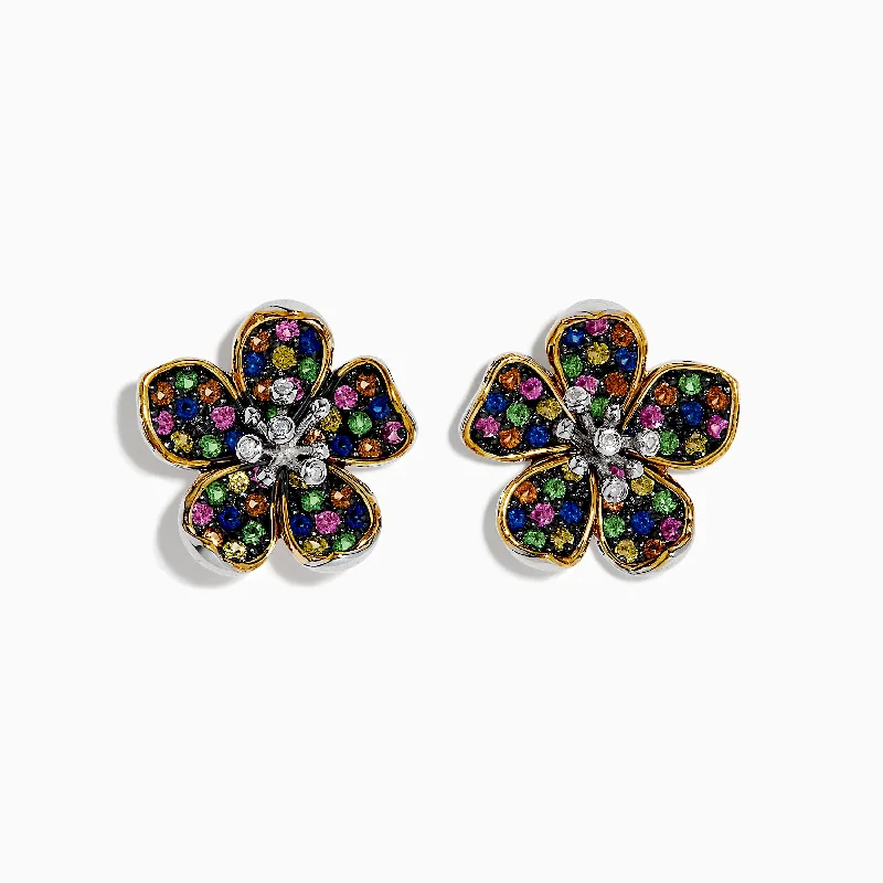 Elegant Earrings For Formal Events-Splash Sterling Silver Diamond, Sapphires & Tsavorite Flower Earrings