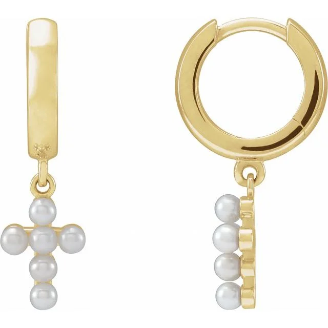 Hoop Earrings For Fashionable Look-14K Yellow or White Gold Cultured White Seed Pearl Cross Hoop Earrings