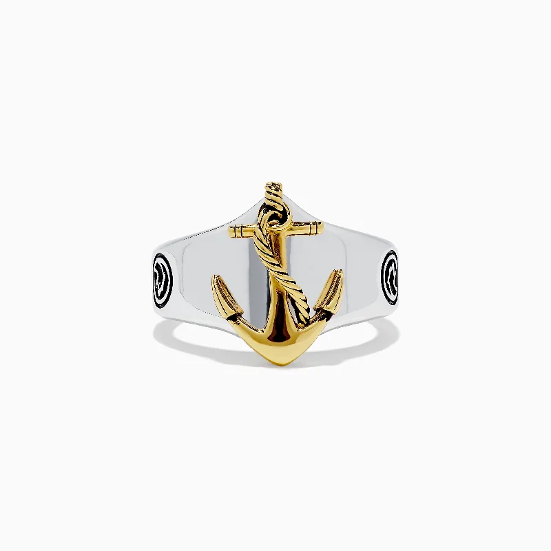 Round cut engagement rings-Men's 925 Sterling Silver and 18K Gold Anchor Ring