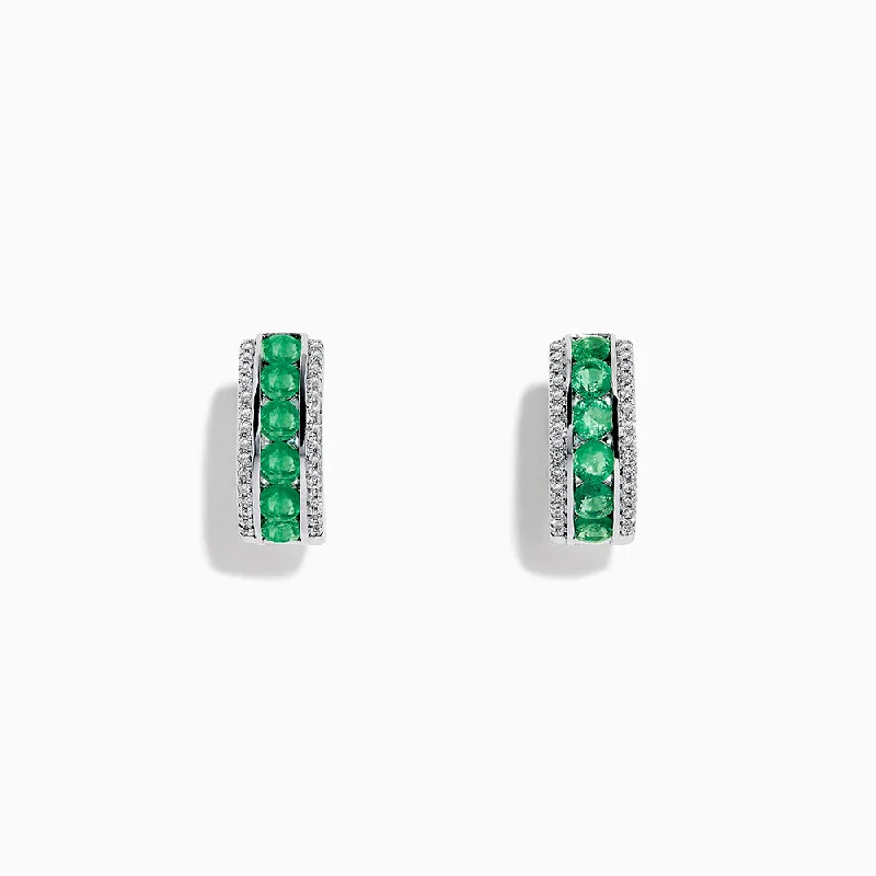 Natural Earrings For Eco-Conscious Style-14k White Gold Emerald and Diamond Huggie Hoop Earrings, 1.51 TCW