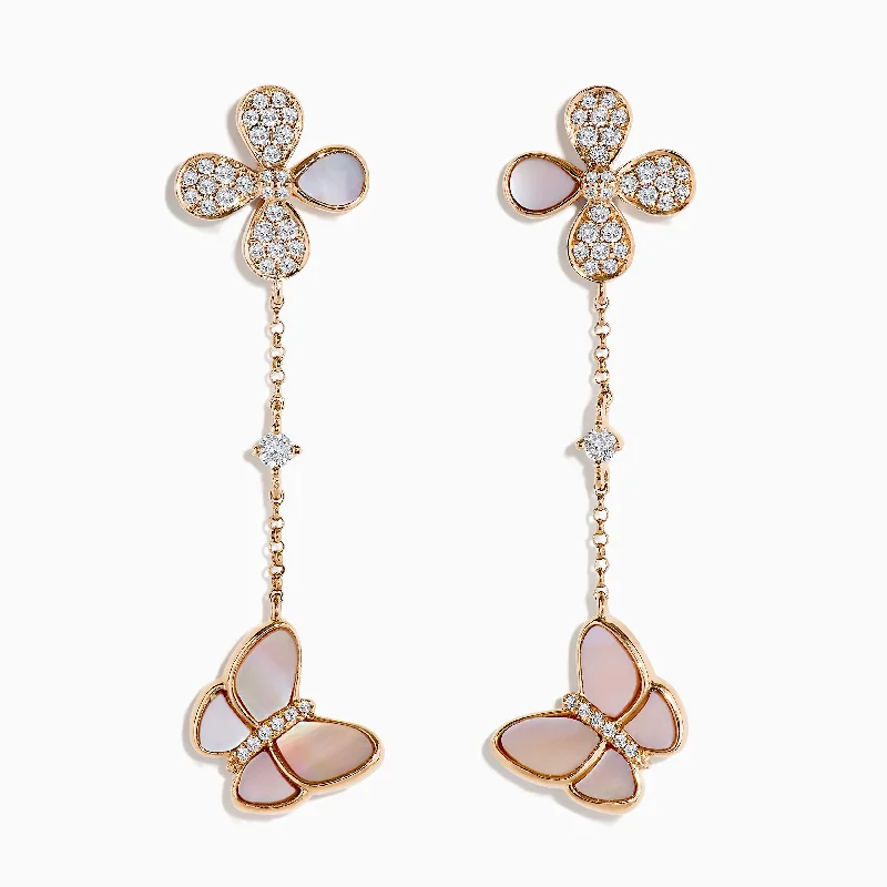 Trendy Stud Earrings For Everyday Look-14K Rose Gold Mother of Pearl and Diamond Butterfly Earrings, 0.39 TCW