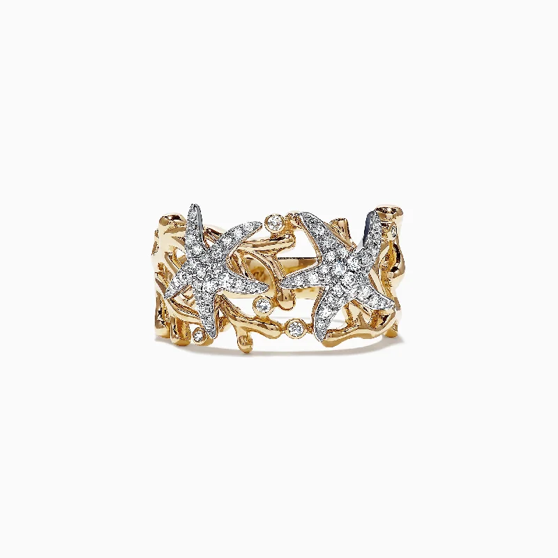 Engagement rings with colored diamonds-Seaside 14K Two Tone Gold Diamond Starfish Ring, 0.26 TCW