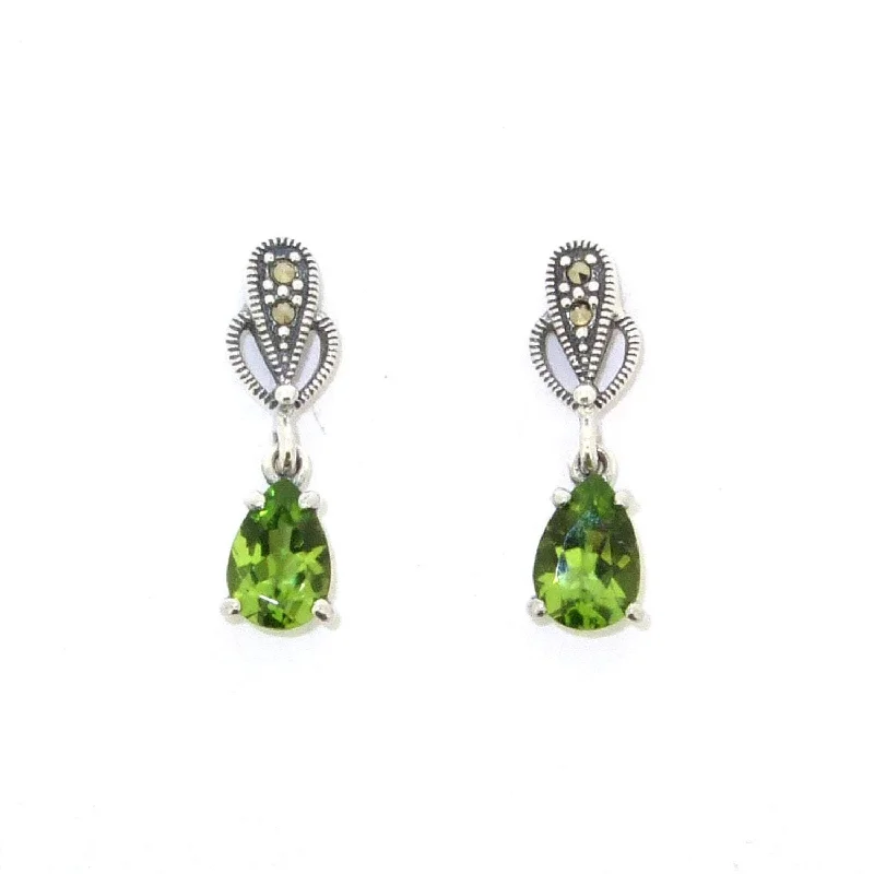 Geometric Earrings For Fashion Statements-Peridot earrings Teardrop Silver Marcasite