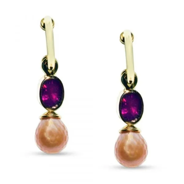 Long Drop Earrings For Special Events-Rhodolite garnet and pearl drop earrings