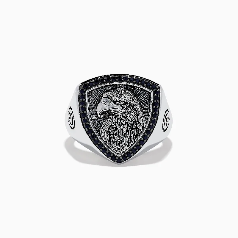 Engagement rings with emerald stones-Men's 925 Sterling Silver Black Spinel Eagle Shield Ring