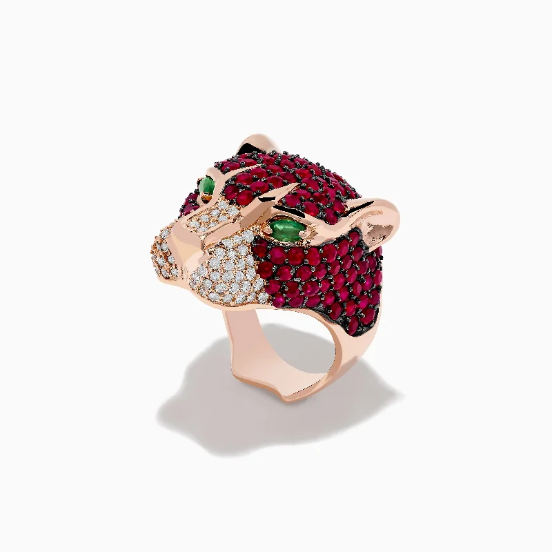 Elegant custom rings-Signature 14K Rose Gold Ruby, Emerald, and Diamond Ring