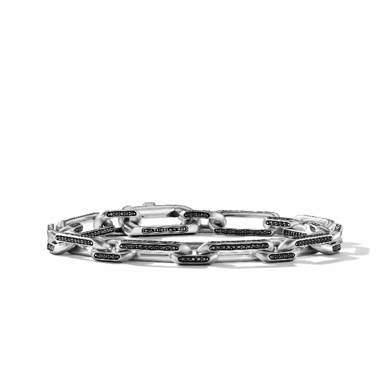 Wedding Bracelets-Elongated Open Link Chain Bracelet in Sterling Silver with Pave Black Diamonds