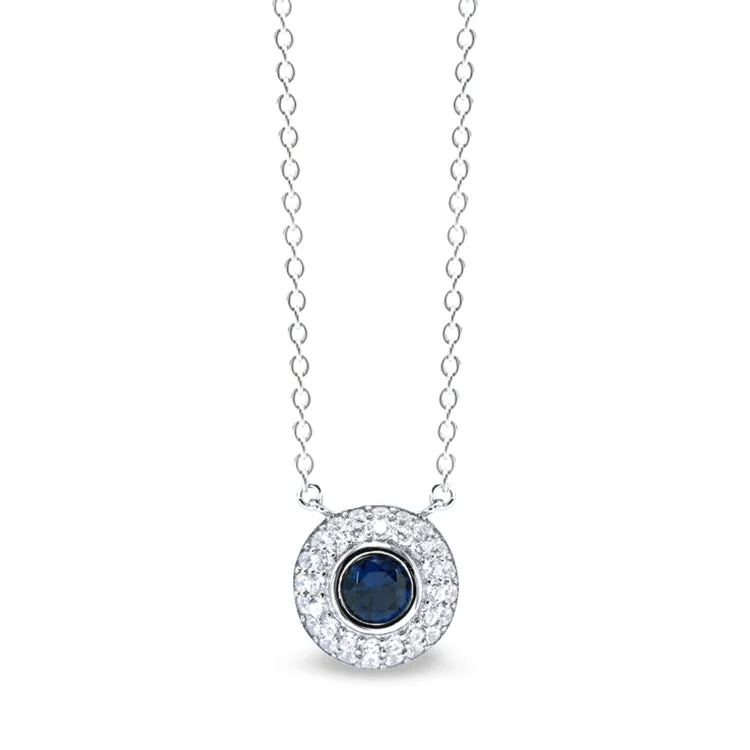 Family necklaces with engraved names-Platinum Finish Sterling Silver Micropave Necklace with Synthetic Blue Sapphire and Simulated Diamonds on 18" Cable Chain