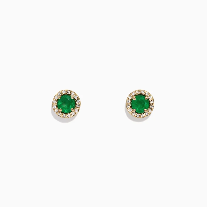 Colorful Earrings For Cheerful Looks-Brasilica 14K Yellow Gold Emerald and Diamond Stud Earrings, 1.08 TCW