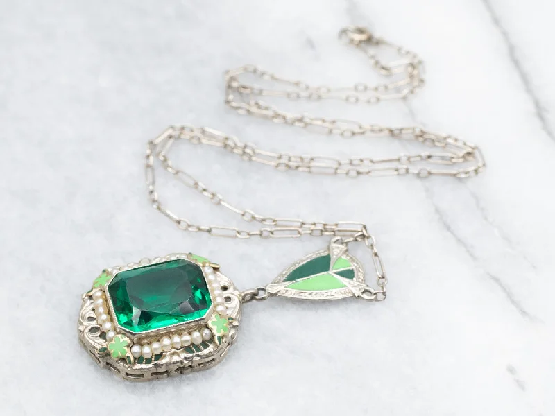 Diamond necklaces for weddings-Art Deco Era Green Glass Seed Pearl and Enamel Necklace