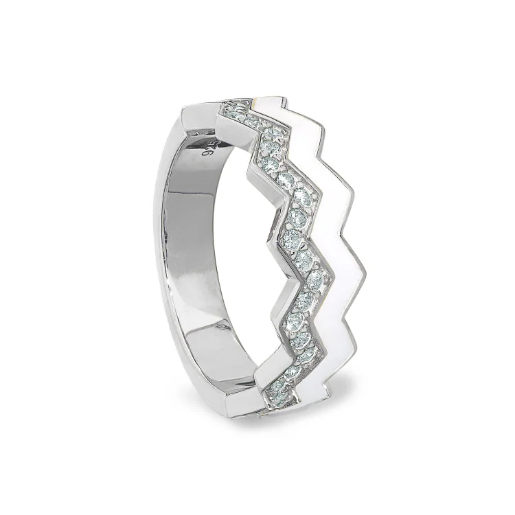 Designer engagement rings-Platinum Finish Sterling Silver Micropave Ring with with White Enamel and Simulated Diamondss