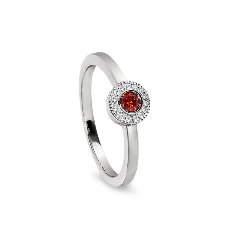 Engagement rings for women with rubies-Platinum Finish Sterling Silver Micropave Round Simulated Garnet Ring with Simulated Diamonds Size 5