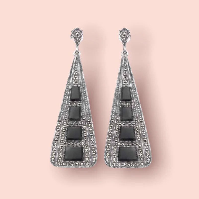 Luxury Diamond Earrings For Glamorous Looks-Art Deco Style Black Onyx Triangle Earrings