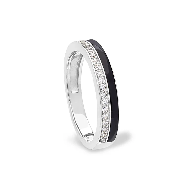 Unique promise rings-Platinum Finish Sterling Silver Micropave Ring with with Black Enamel and Simulated Diamondss