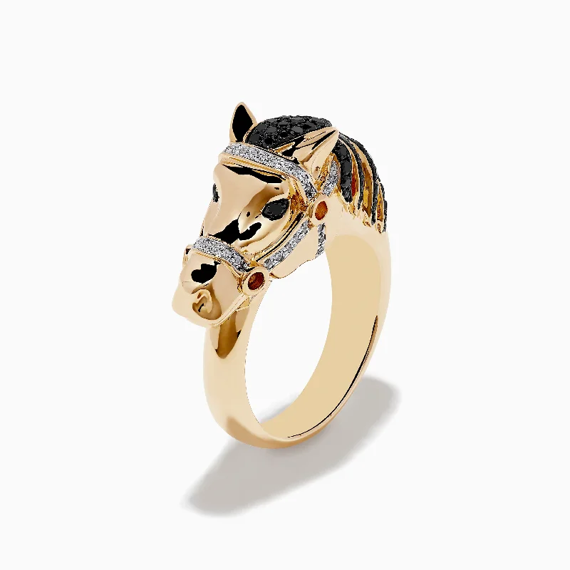 Rose gold engagement rings for men-Safari 14K Yellow Gold Black Diamond Horse Ring