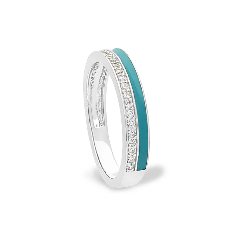 Wedding rings for couples-Platinum Finish Sterling Silver Micropave Ring with with Turquoise Enamel and Simulated Diamondss