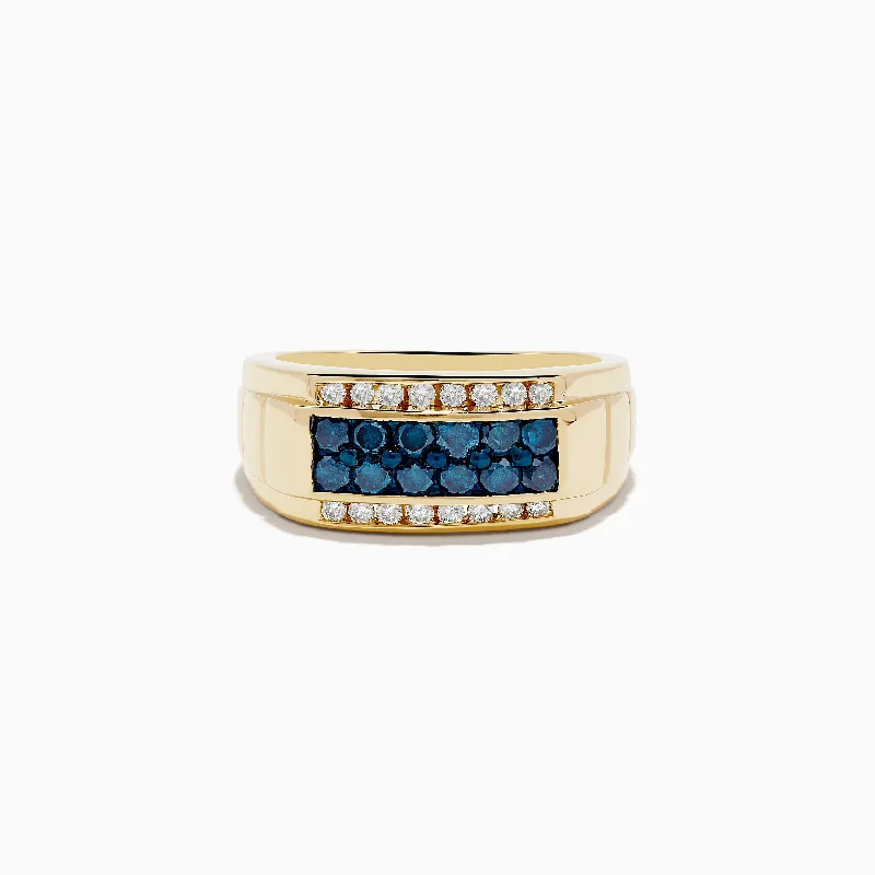 Gold diamond rings-Men's 14K Yellow Gold Blue and White Diamond Ring