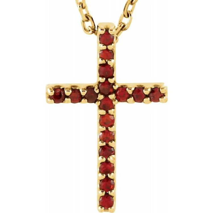 Unique personalized necklaces for family-14K Yellow Natural Mozambique Garnet Petite Cross 16" Necklace