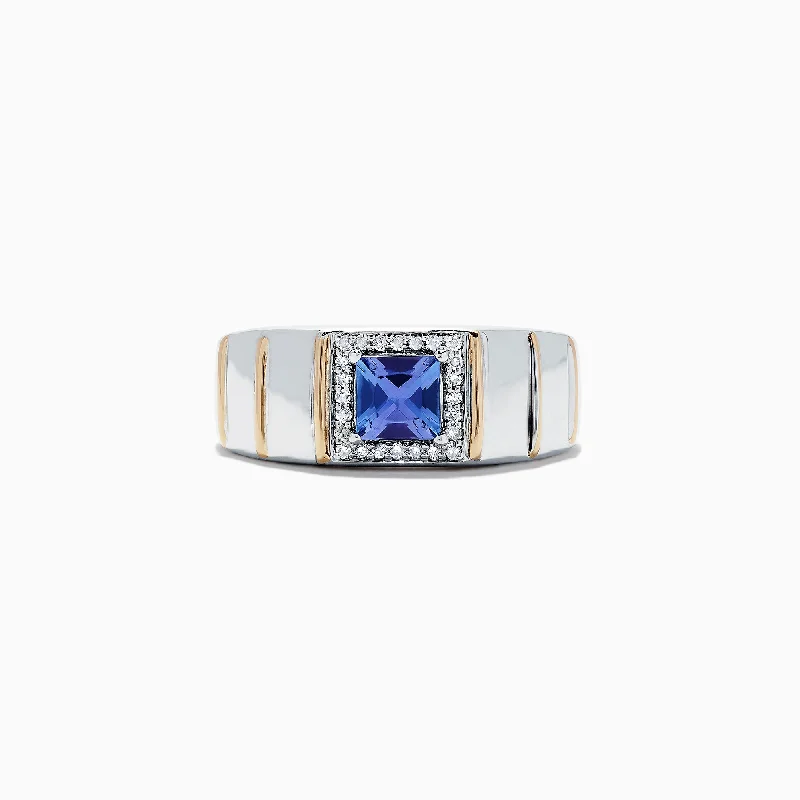 Sapphire and diamond rings-Men's Sterling Silver & 14K Yellow Gold Tanzanite and Diamond Ring, 1.18 TCW