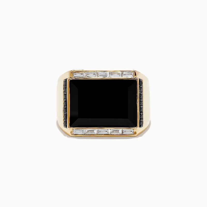 Silver rings for men-Men's 14K Yellow Gold Onyx and Diamond Ring