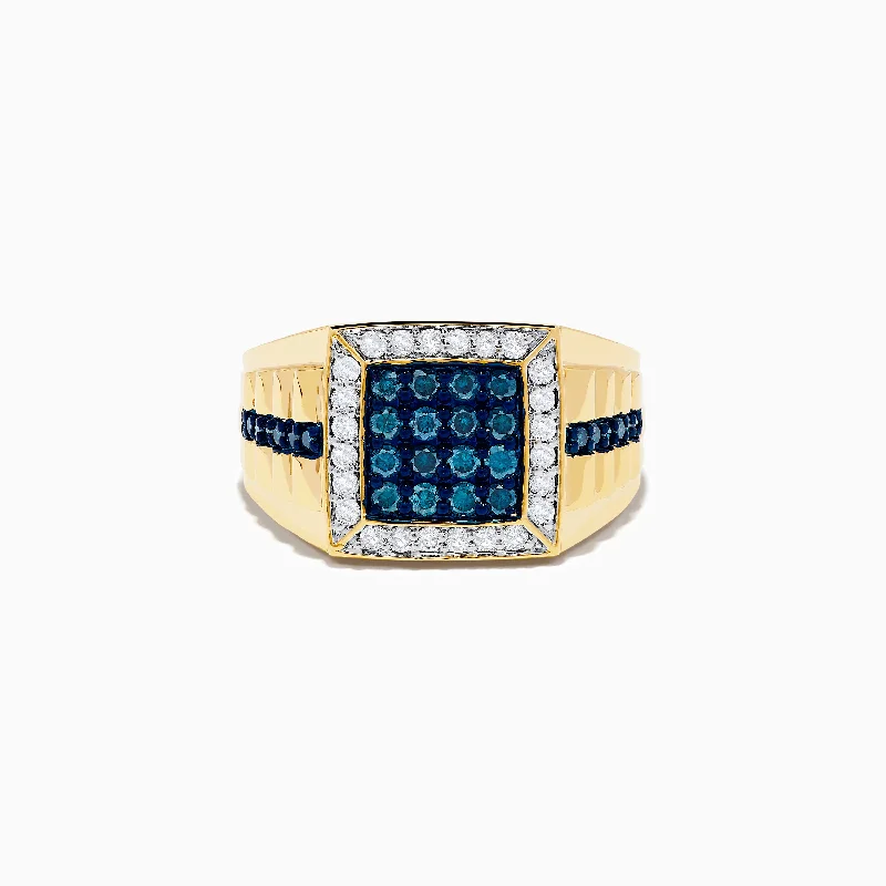 Personalized wedding rings for women-Men's 14K Yellow Gold White and Blue Diamond Ring