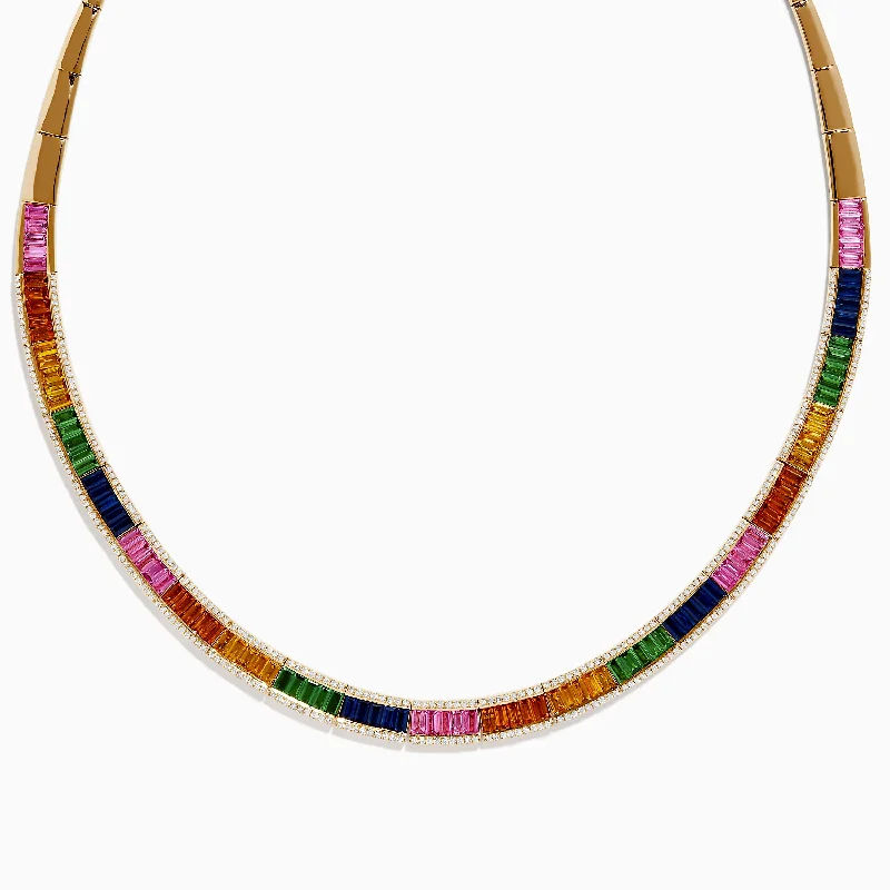 Long pendant necklaces for casual wear-Watercolors 14K Gold Multi Sapphire and Diamond Necklace