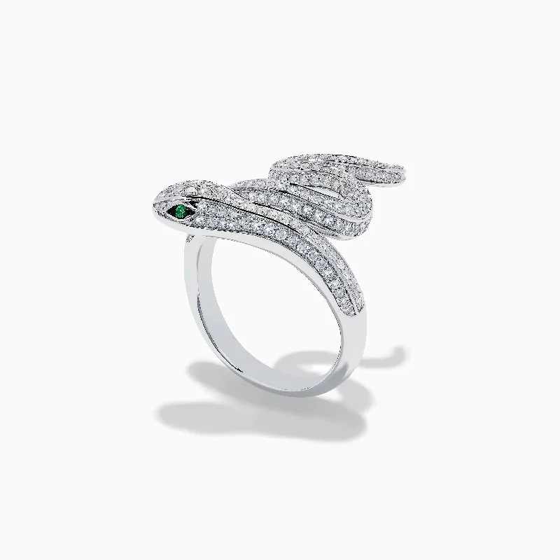 Unique wedding bands for men-Brasilica 14K White Gold Diamond and Emerald Snake Ring