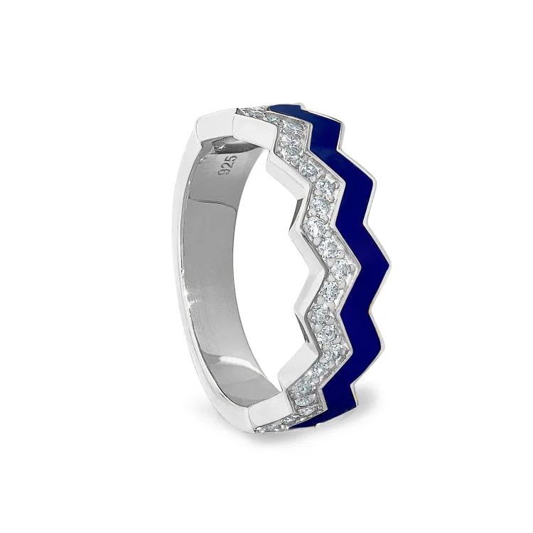 Simple wedding bands-Platinum Finish Sterling Silver Micropave Ring with with Navy Enamel and Simulated Diamondss