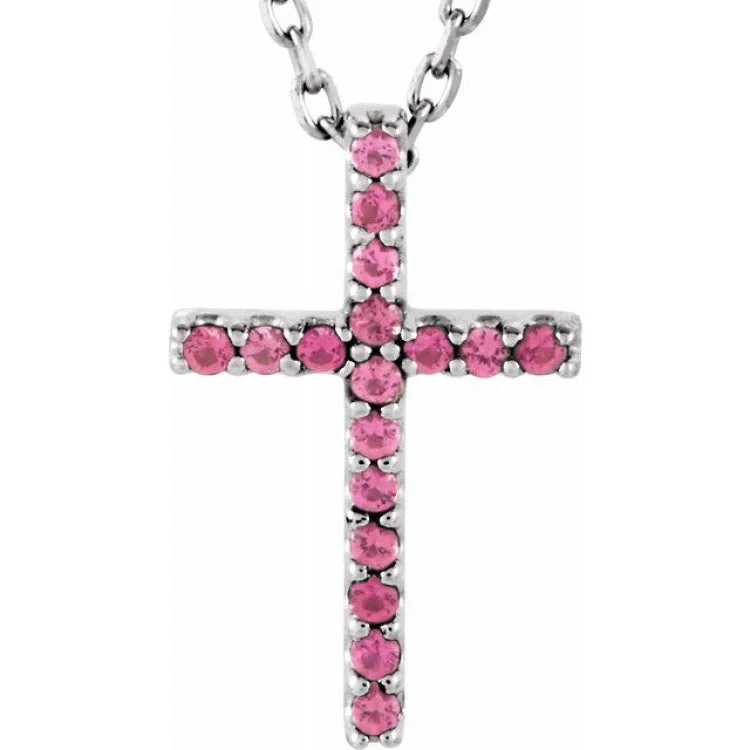 Custom zodiac necklaces for women-14K White Natural Pink Tourmaline Petite Cross 16" Necklace