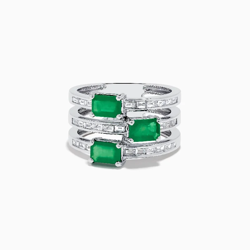 Wedding rings with pearl stones for men-Brasilica 14K White Gold Emerald and Diamond Ring