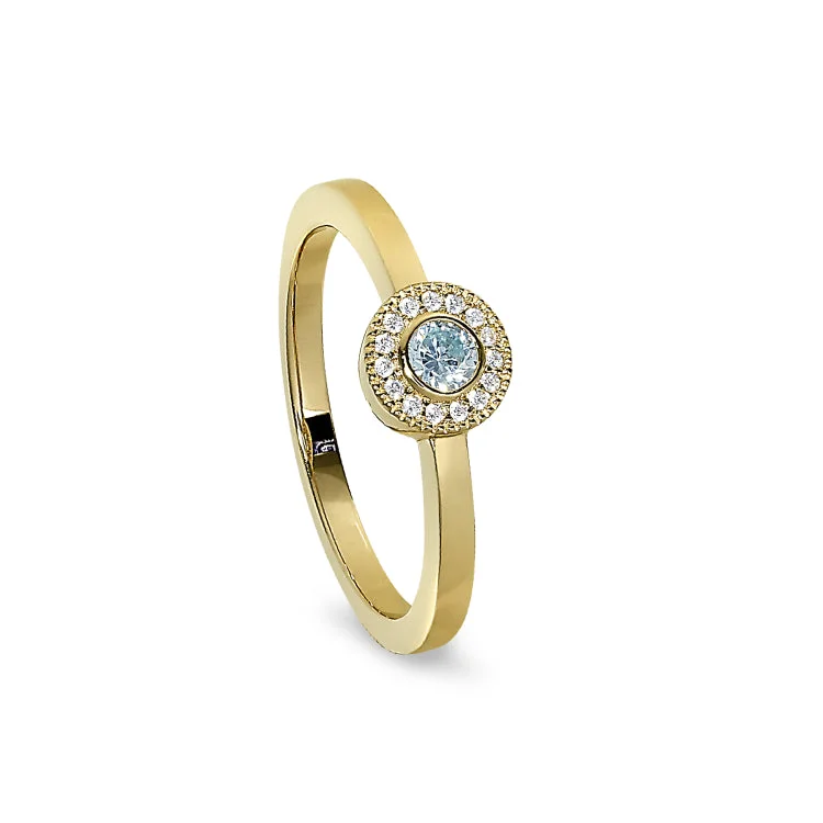 Custom gemstone rings-Gold Finish Sterling Silver Micropave Round Simulated Aquamarine Ring with Simulated Diamonds Size 4