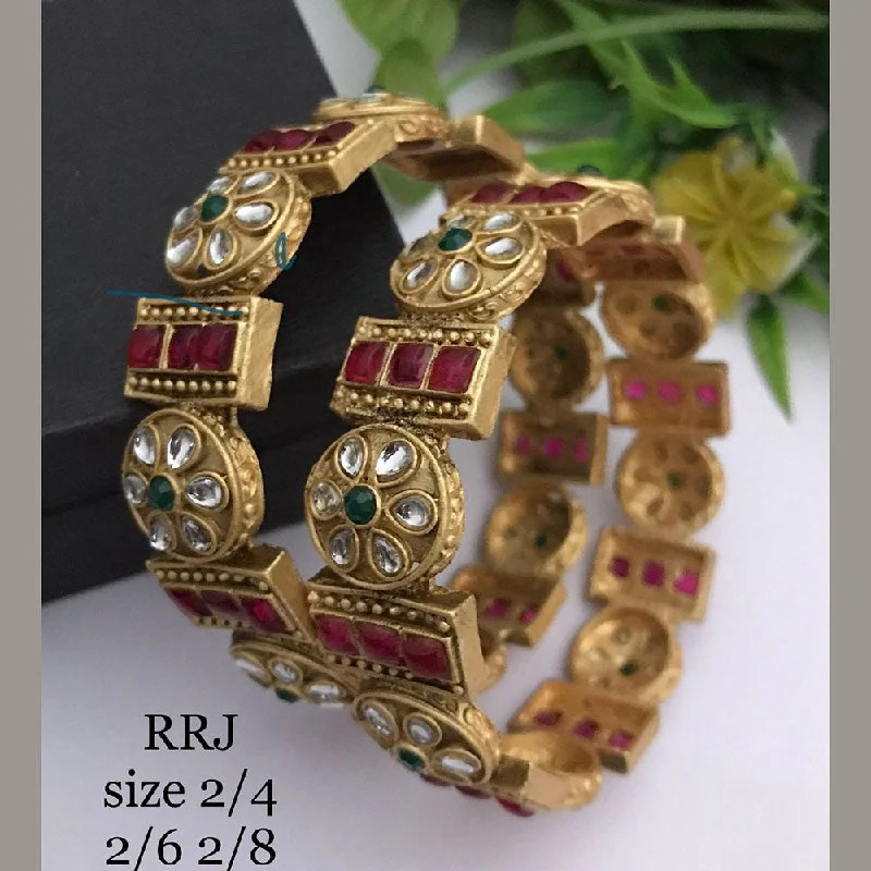 delicate gold bracelets-Bangles with bright colors for festive looks-FS Collection Gold Plated Kundan Stone Bangle Set