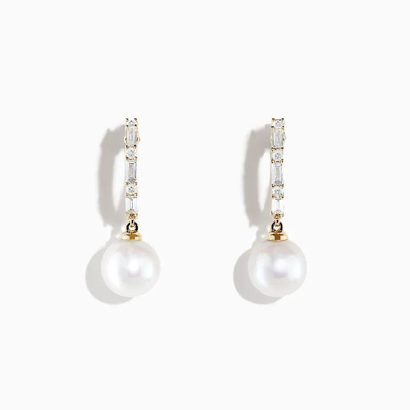 Classic Earrings For Bridesmaids Gifts-Pearl 14 Karat Yellow Gold Pearl and Diamond Hoop Earrings