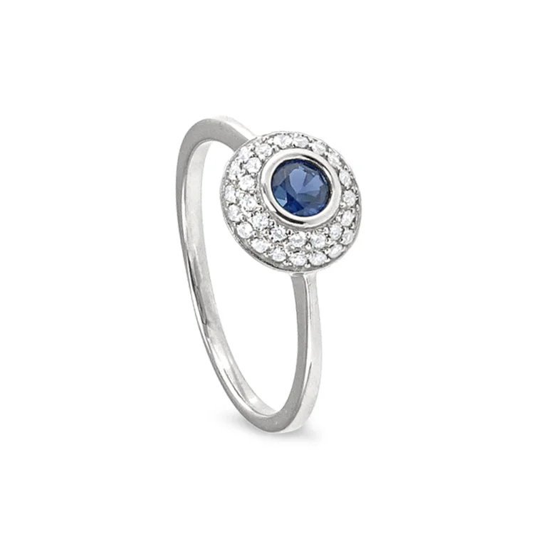 Wedding rings for couples with gemstones-Platinum Finish Sterling Silver Micropave Ring with Synthetic Blue Sapphire and Simulated Diamonds