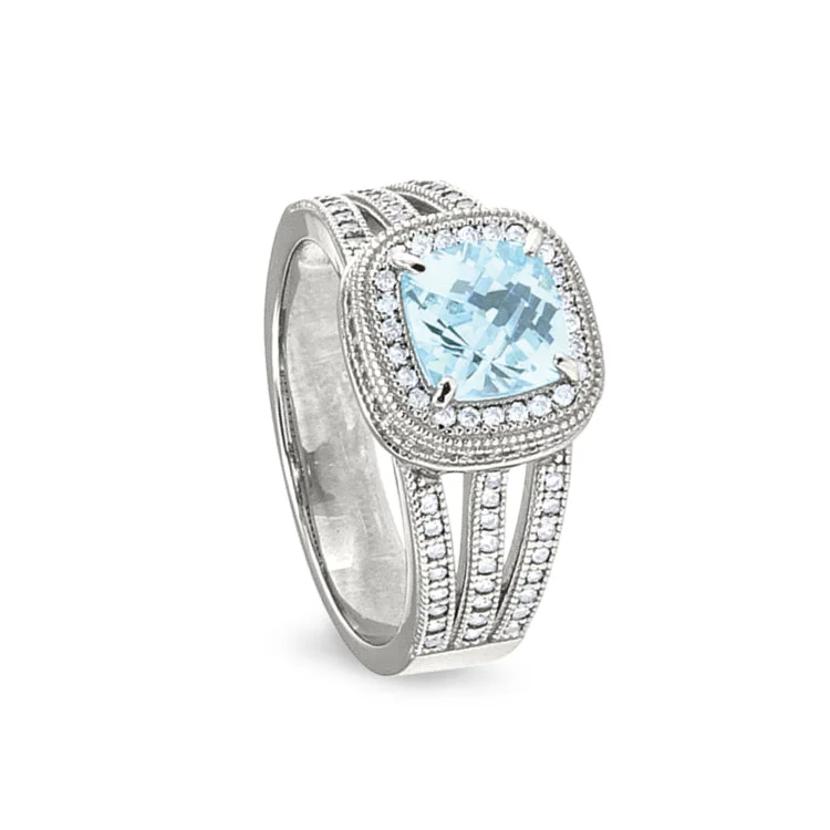 Elegant rings-Platinum Finish Sterling Silver Micropave Ring with Simulated Aquamarine and Simulated Diamonds