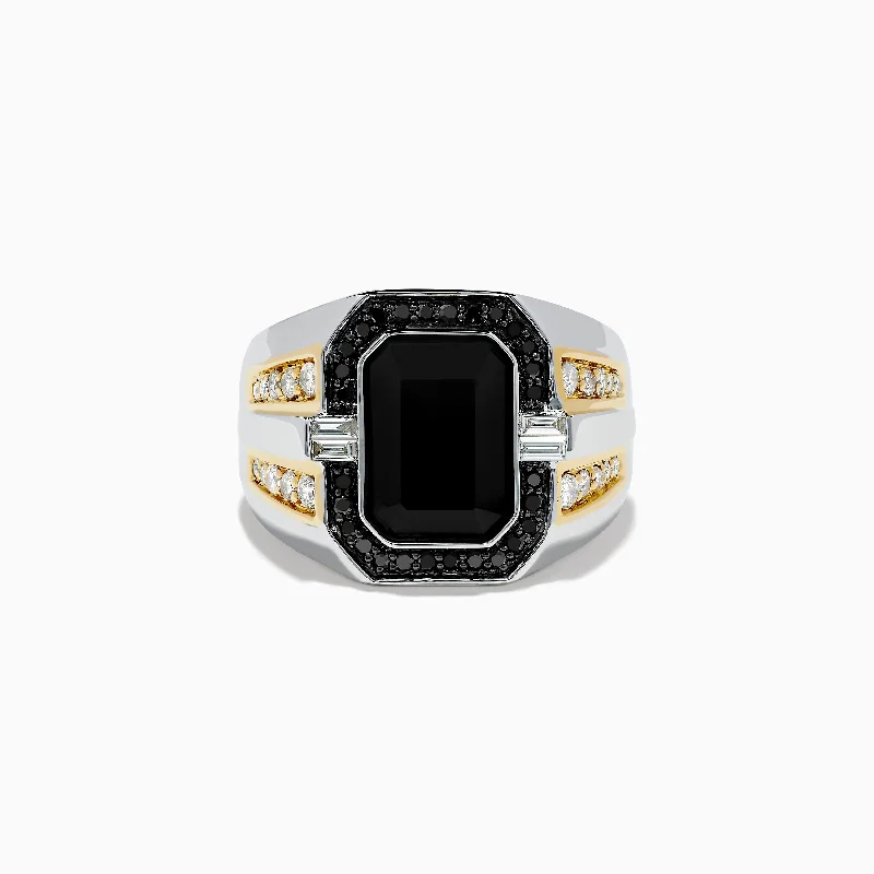 Infinity wedding rings-Men's 14K White & Yellow Gold White and Black Diamond Onyx Ring